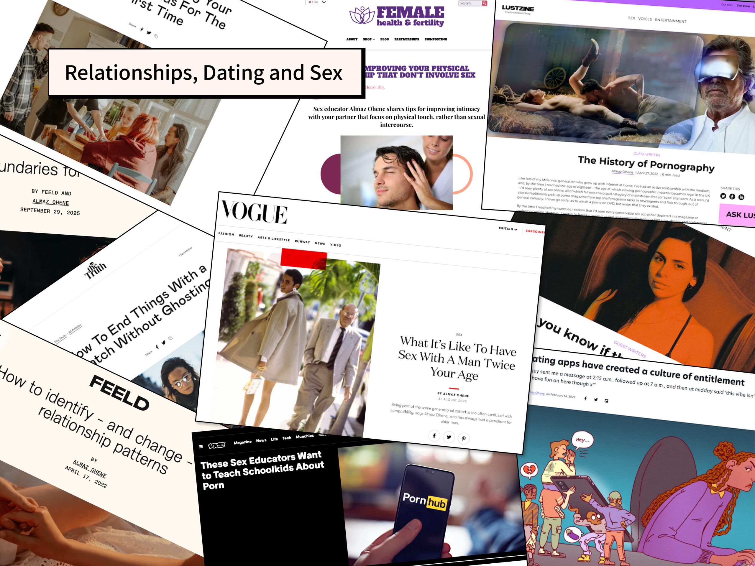 relationships, dating, and sex article collage